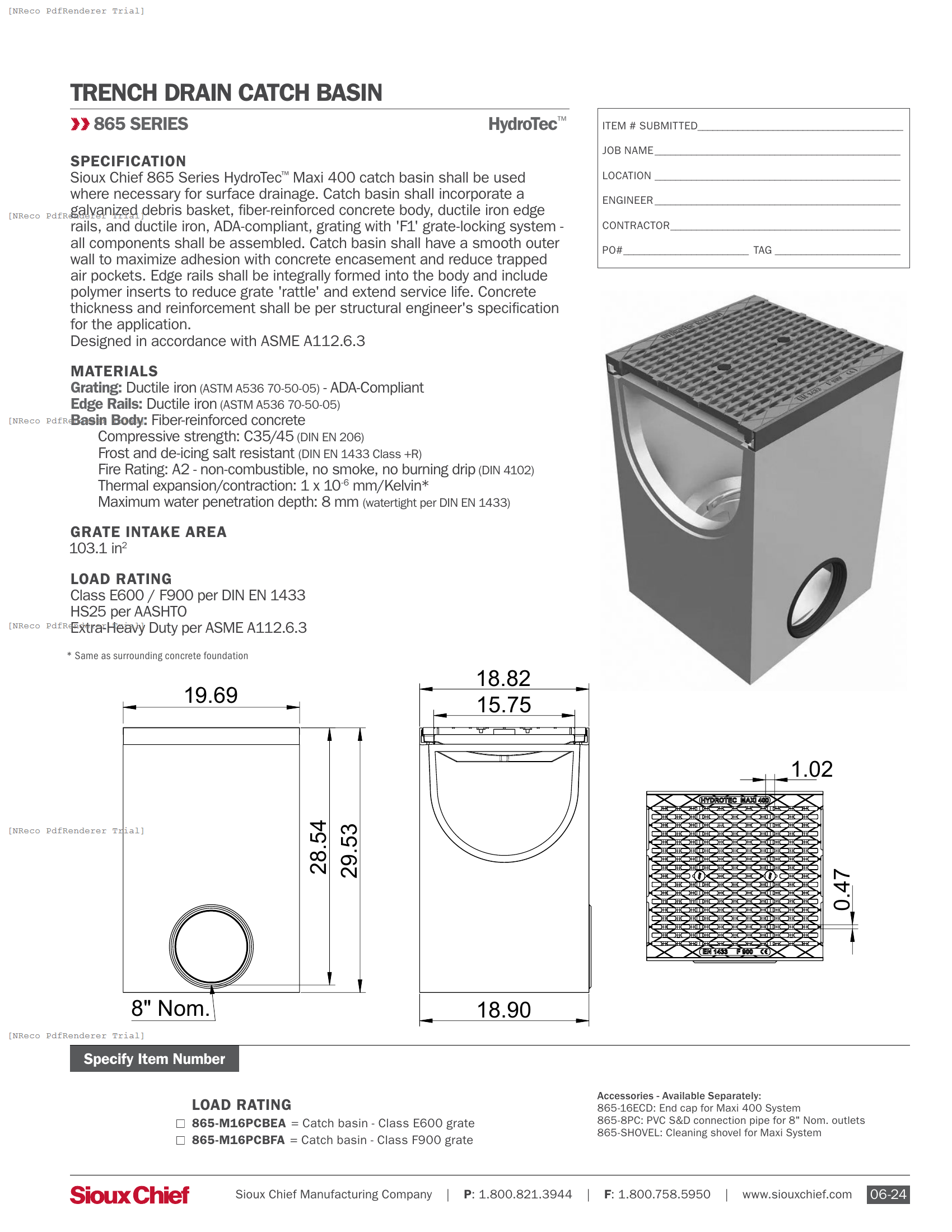865 SERIES - HYDROTEC MAXI 400 CATCH BASIN - SPEC SHEET.PDF Specification Document